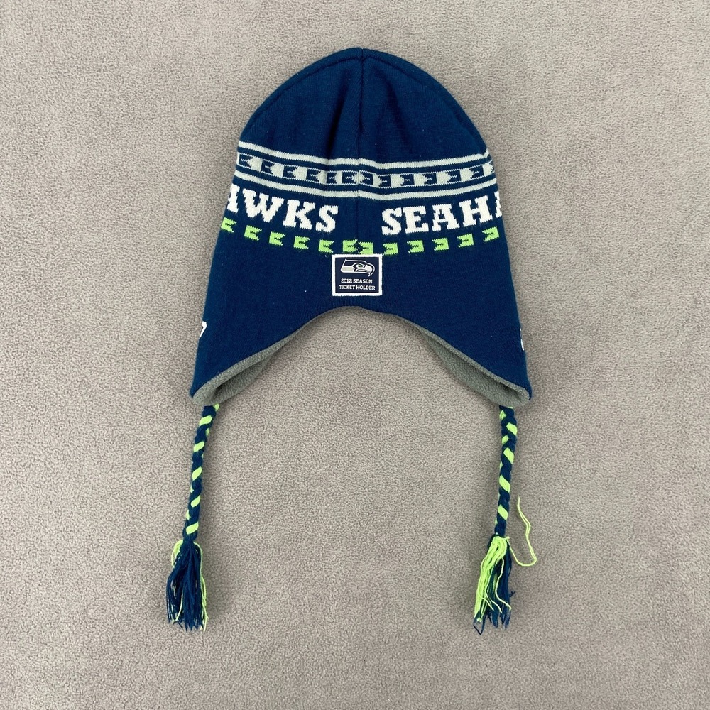 BDA NFL Seattle Seahawks Football Hat Boys One Size Navy Blue Jacquard Tassel